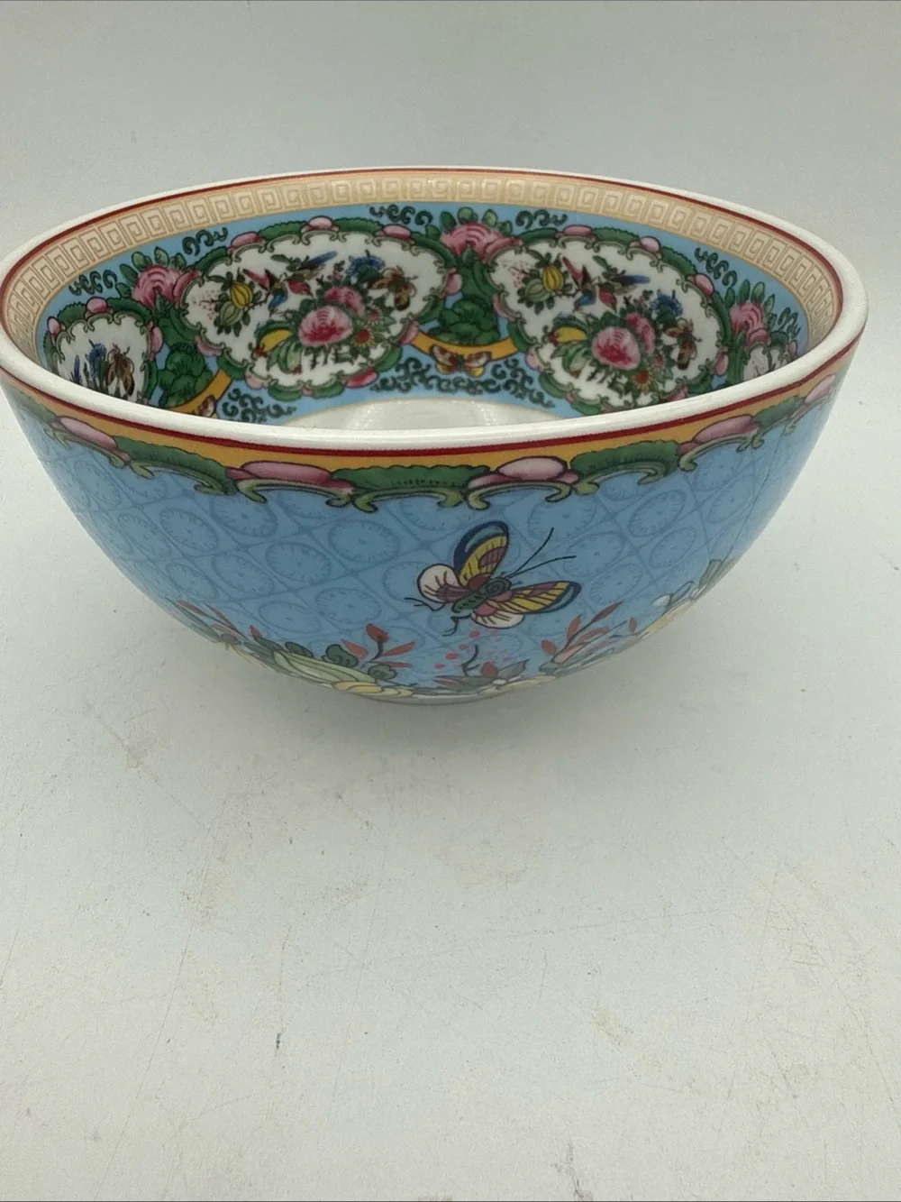 Williams Sonoma Blue Floral Butterfly Ceramic Bowl